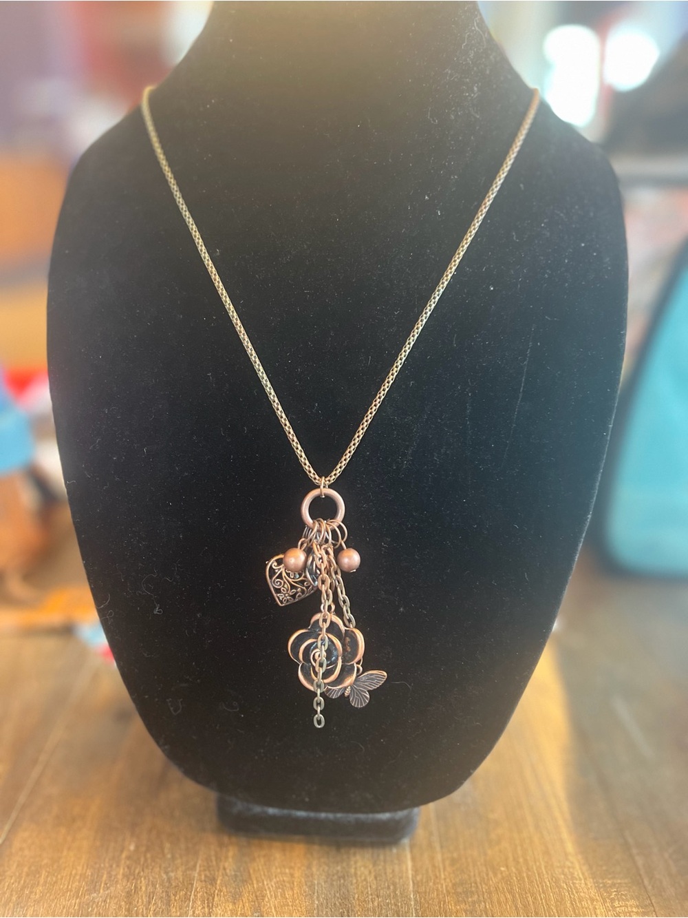 Brass- Tone Multi-Charm Pendant Necklace - Floral & Heart Dangles